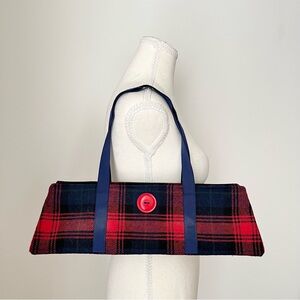 Vintage Plaid Handbag Purse Red Navy Whimsical East West Fabric Preppy Boho